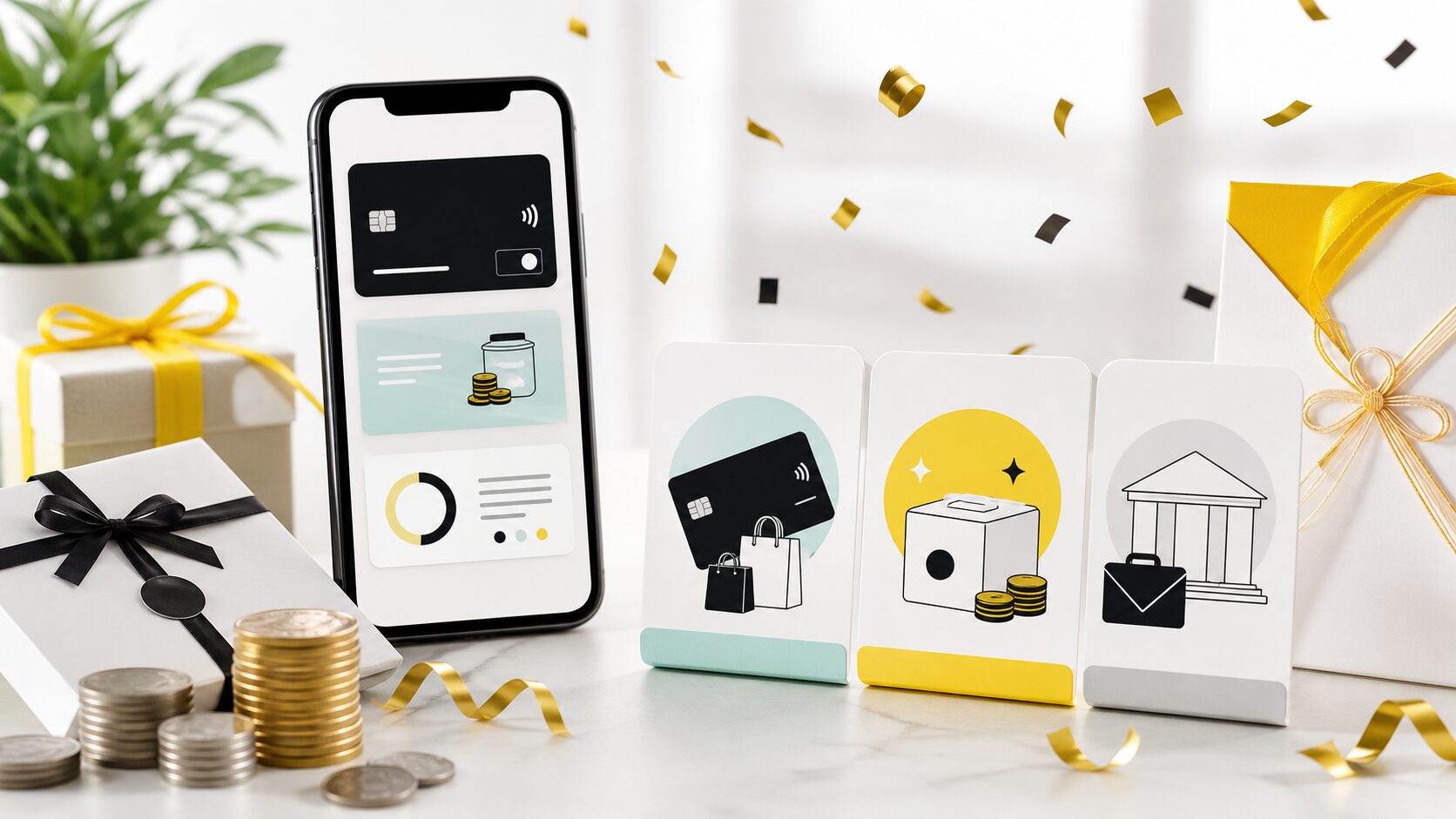 みんなの銀行5周年キャンペーンをイメージしたスマホ銀行と特典の画像