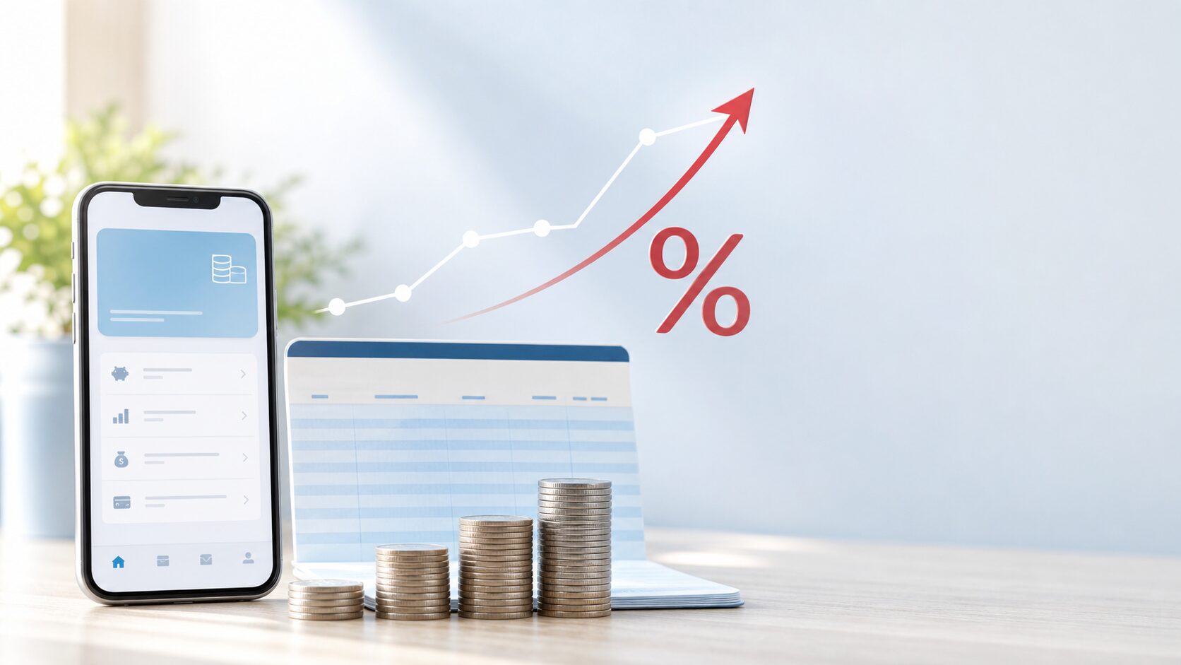 普通預金金利の上昇と銀行アプリを表すイメージ