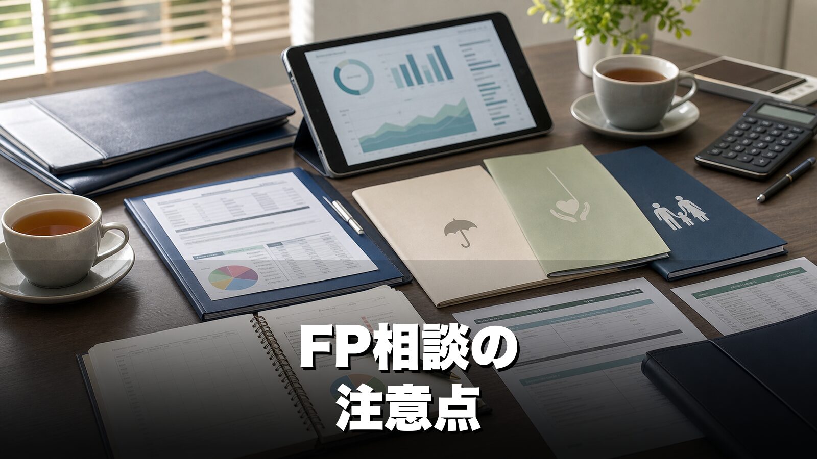 ファイナンシャルプランナー相談で家計、保険、投資、住宅ローンの資料を確認するイメージ