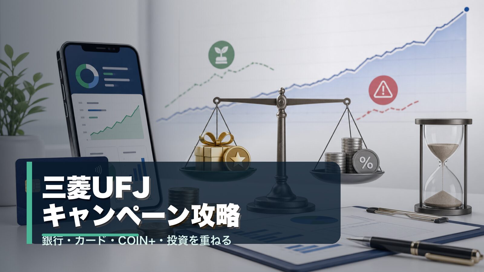三菱UFJ銀行・COIN+・三菱UFJカード・ウェルスナビ・eスマート証券のキャンペーン攻略イメージ