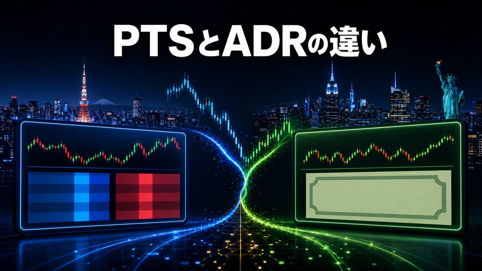 PTSとADRの違いを二つの市場画面で比較したイメージ